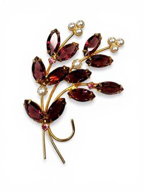 Floral Spray Brooch Purple Glass Pink Crystal Manganese Gold Tone 1960s Vintage